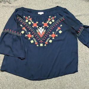 LOFT bell-sleeved embroidered blouse.